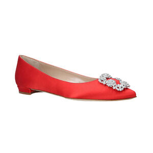 Manolo Blahnik Hangisi Red Satin Silver Jewel Buckle Ballerina Ballet Flat 39